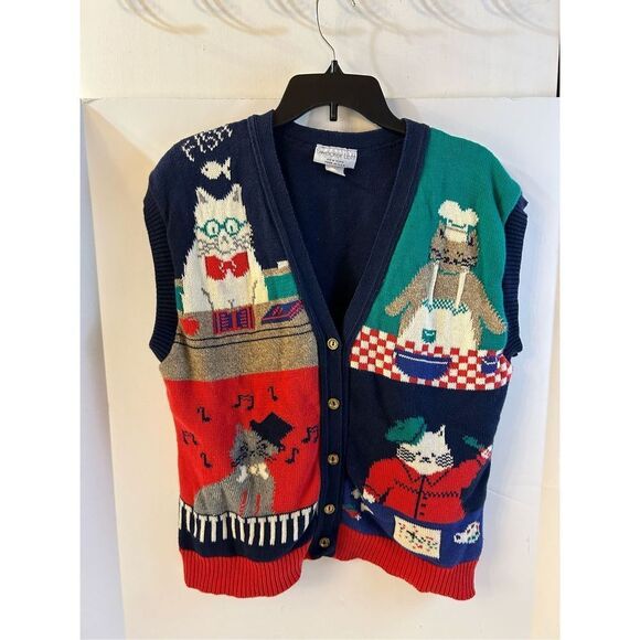 Sweater Loft Button Vest New York USA Cat Lover Vintage Caridan - Picture 1 of 10